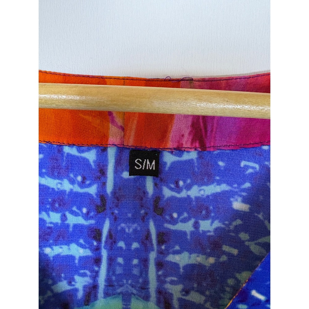 Bohemian Print Kaftan Maxi Dress Purple Yellow Lace Up V-Neck Size S/M - Picture 10 of 12